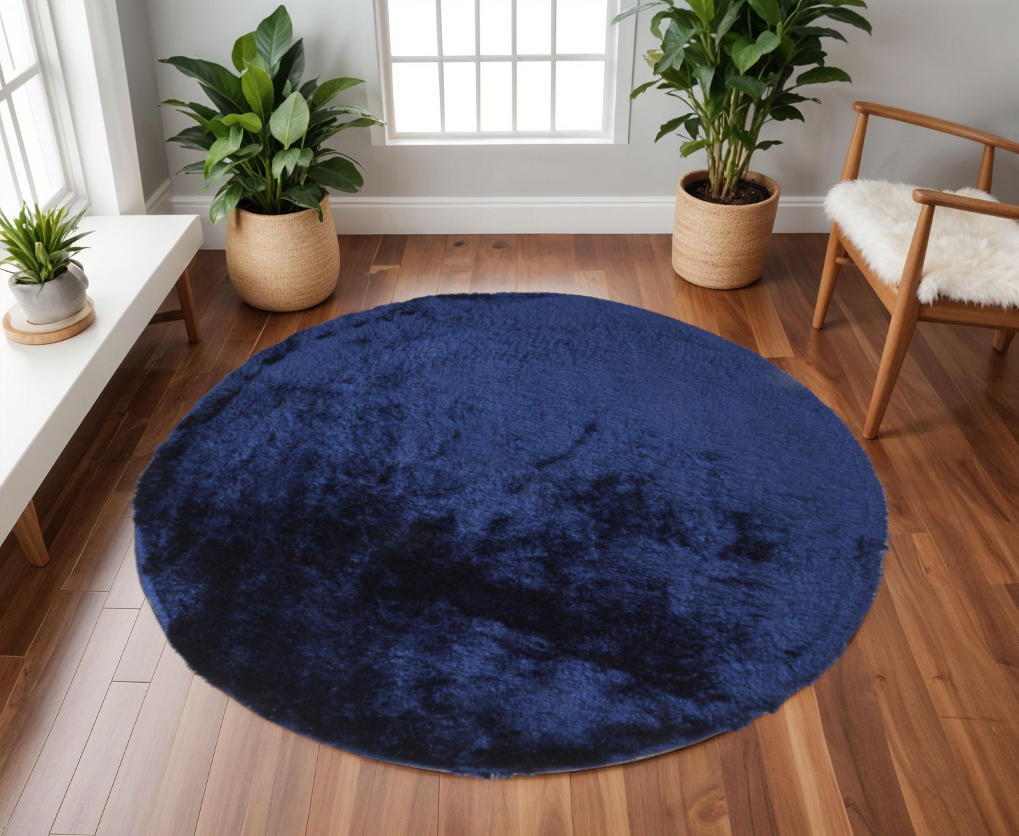 8' Blue and Black Shag Hand Tufted Round Rug-510973-1