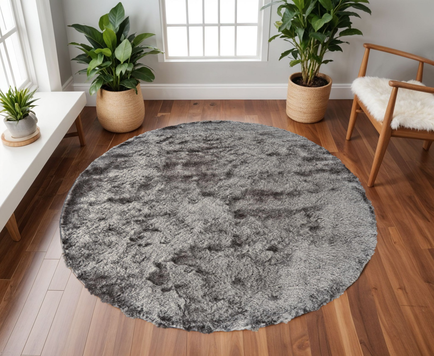 8' Gray and Black Shag Hand Tufted Round Rug-510980-1