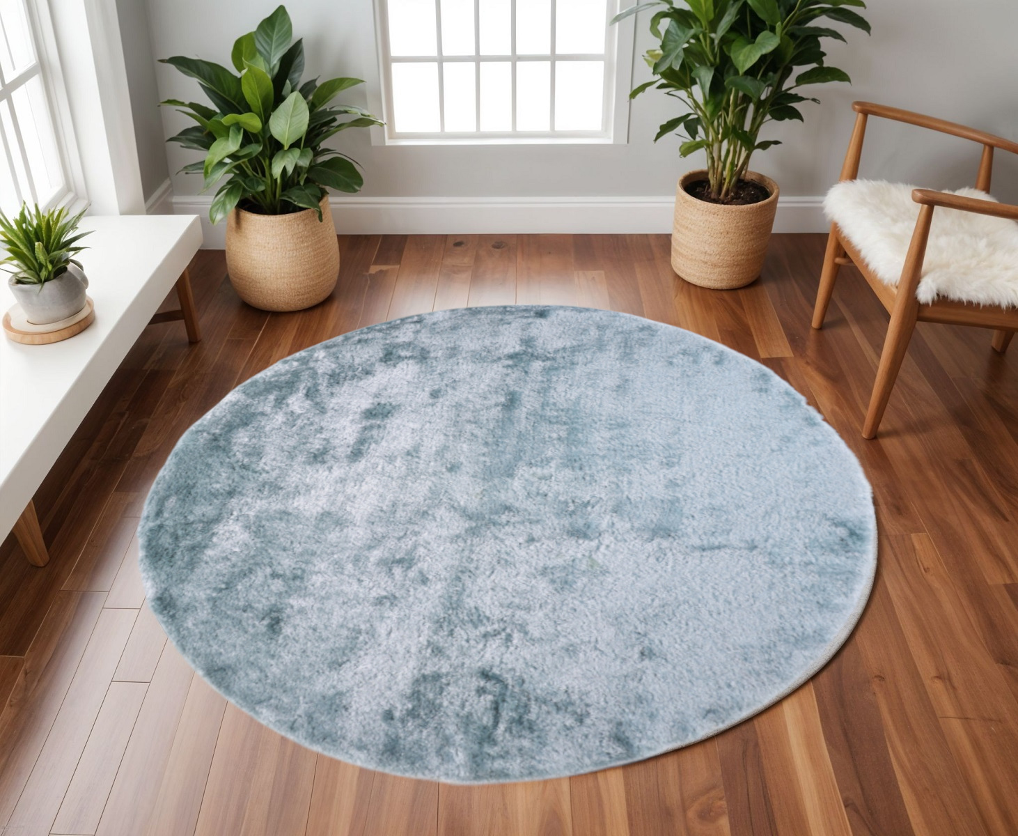 8' Blue and Silver Shag Hand Tufted Round Rug-510987-1