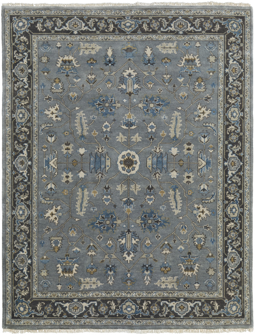 8' X 10' Blue Gray And Taupe Wool Floral Hand Knotted Stain Resistant Area Rug-511023-1