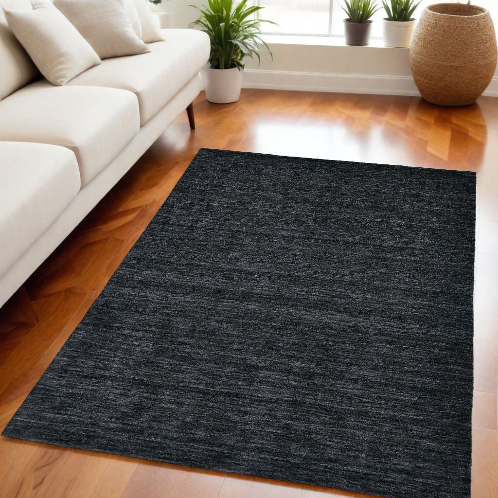 5" X 8" Black Wool Hand Woven Area Rug