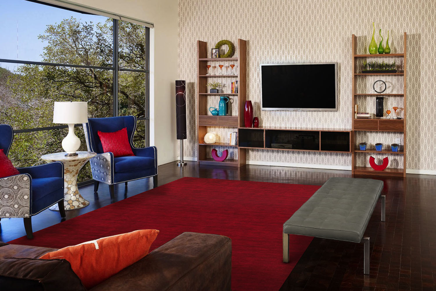 5" X 8" Red Wool Hand Woven Stain Resistant Area Rug