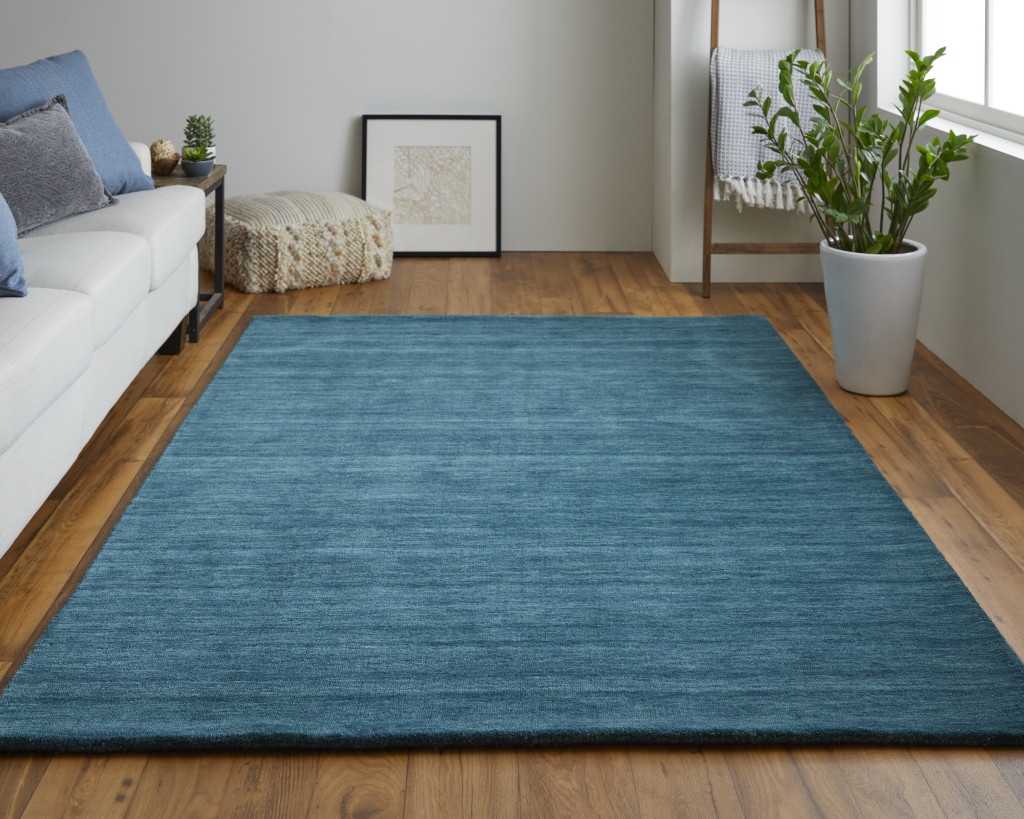8" X 11" Blue And Green Wool Hand Woven Stain Resistant Area Rug