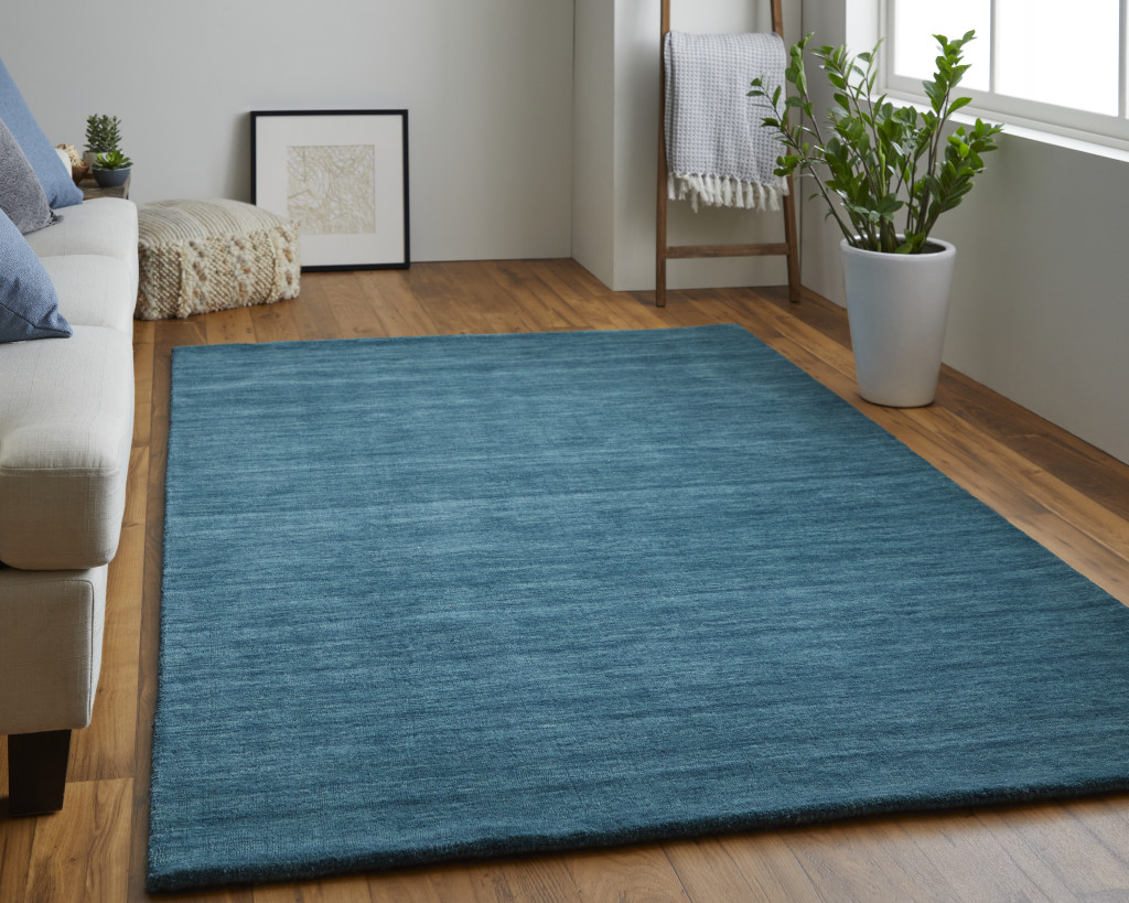 8" X 11" Blue And Green Wool Hand Woven Stain Resistant Area Rug