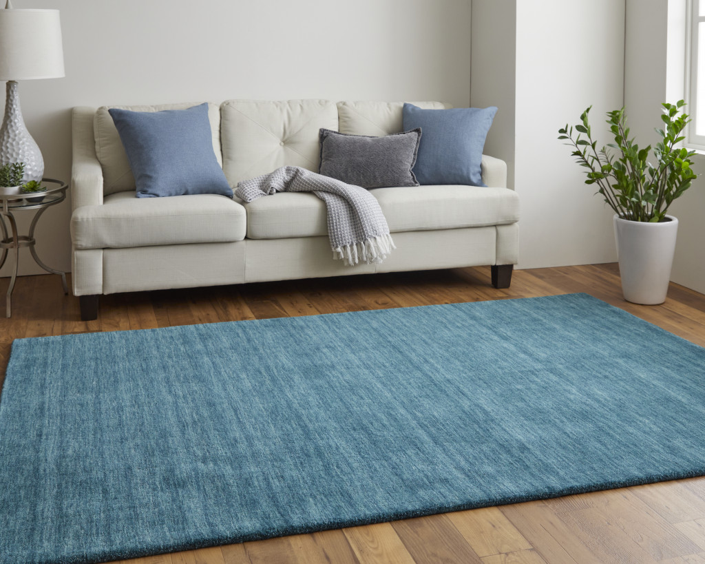 8" X 11" Blue And Green Wool Hand Woven Stain Resistant Area Rug
