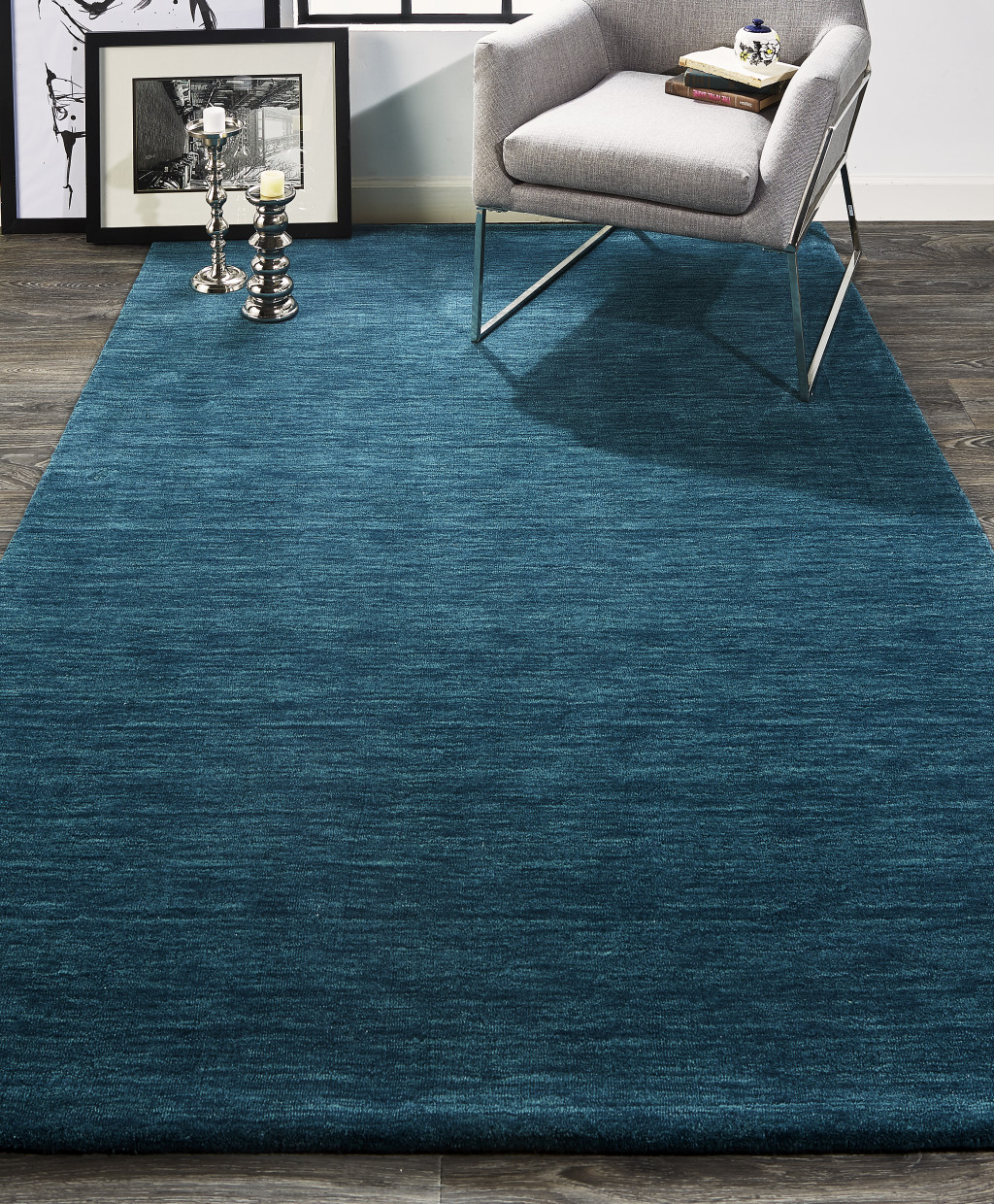 8" X 11" Blue And Green Wool Hand Woven Stain Resistant Area Rug