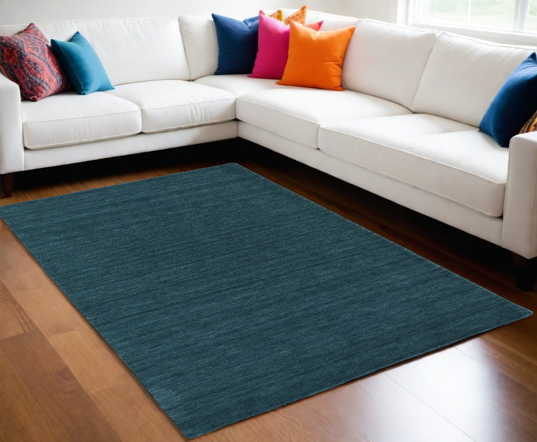 10" X 13" Blue Green Wool Hand Woven Area Rug