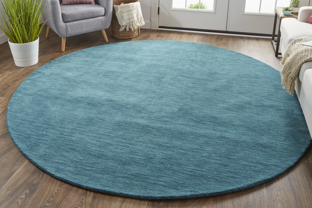 8" Blue Green Round Wool Hand Woven Area Rug