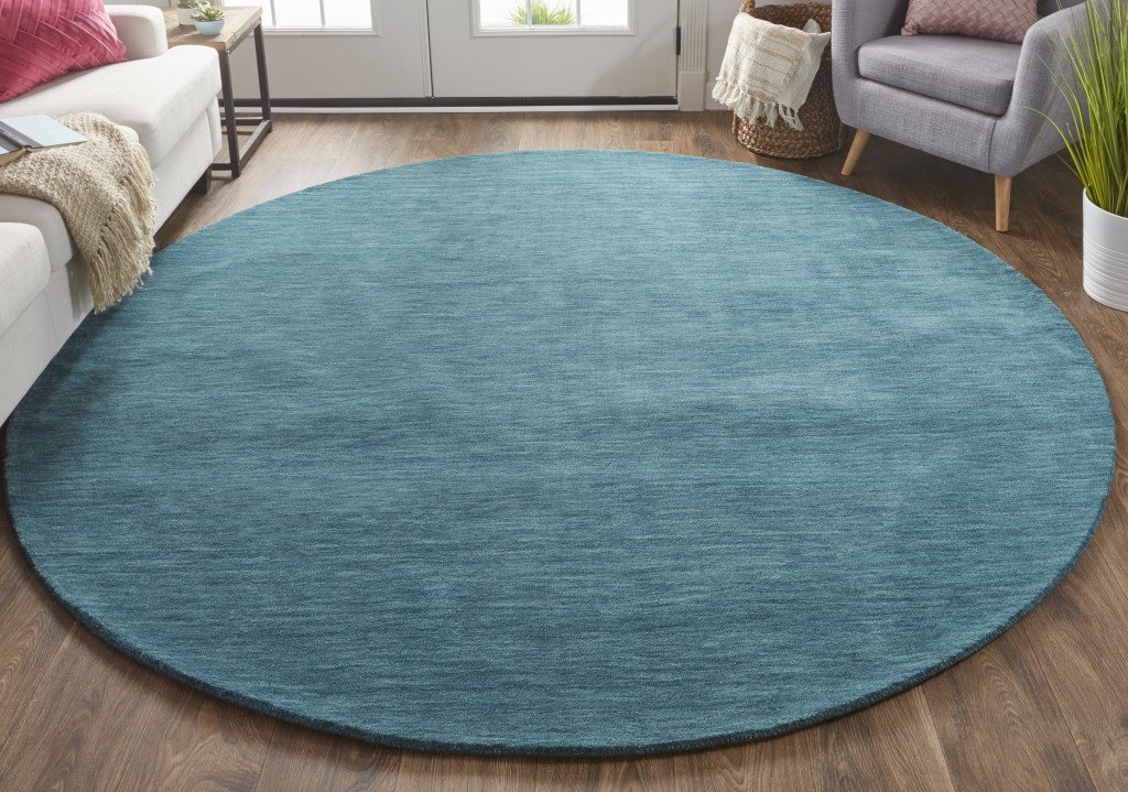 8" Blue Green Round Wool Hand Woven Area Rug