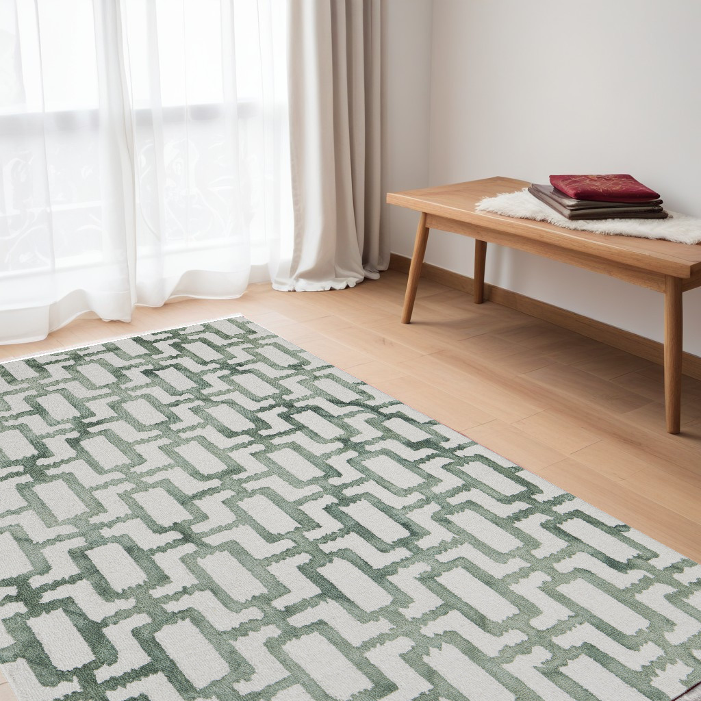 5" X 8" Ivory And Green Wool Geometric Tufted Handmade Area Rug