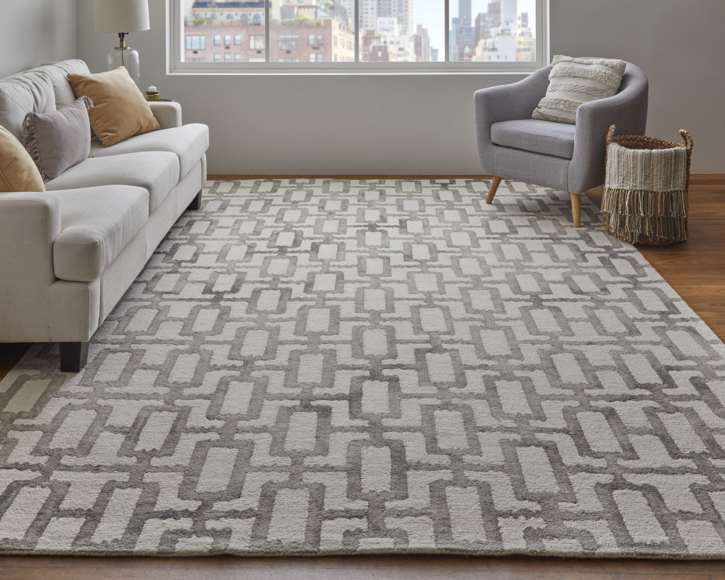 2" X 3" Ivory And Taupe Wool Geometric Tufted Handmade Area Rug
