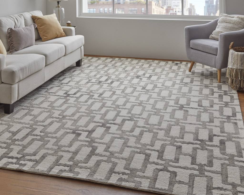 2" X 3" Ivory And Taupe Wool Geometric Tufted Handmade Area Rug