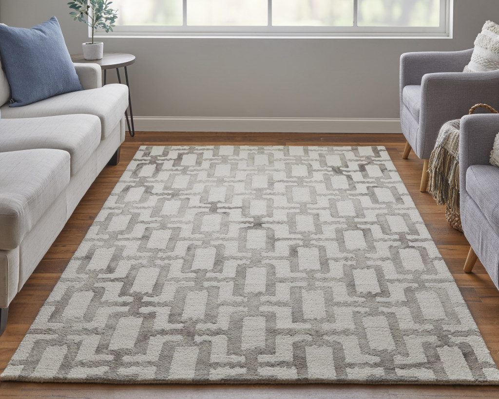 2" X 3" Ivory And Taupe Wool Geometric Tufted Handmade Area Rug