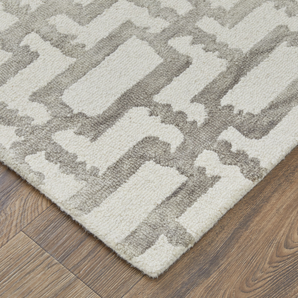 2" X 3" Ivory And Taupe Wool Geometric Tufted Handmade Area Rug