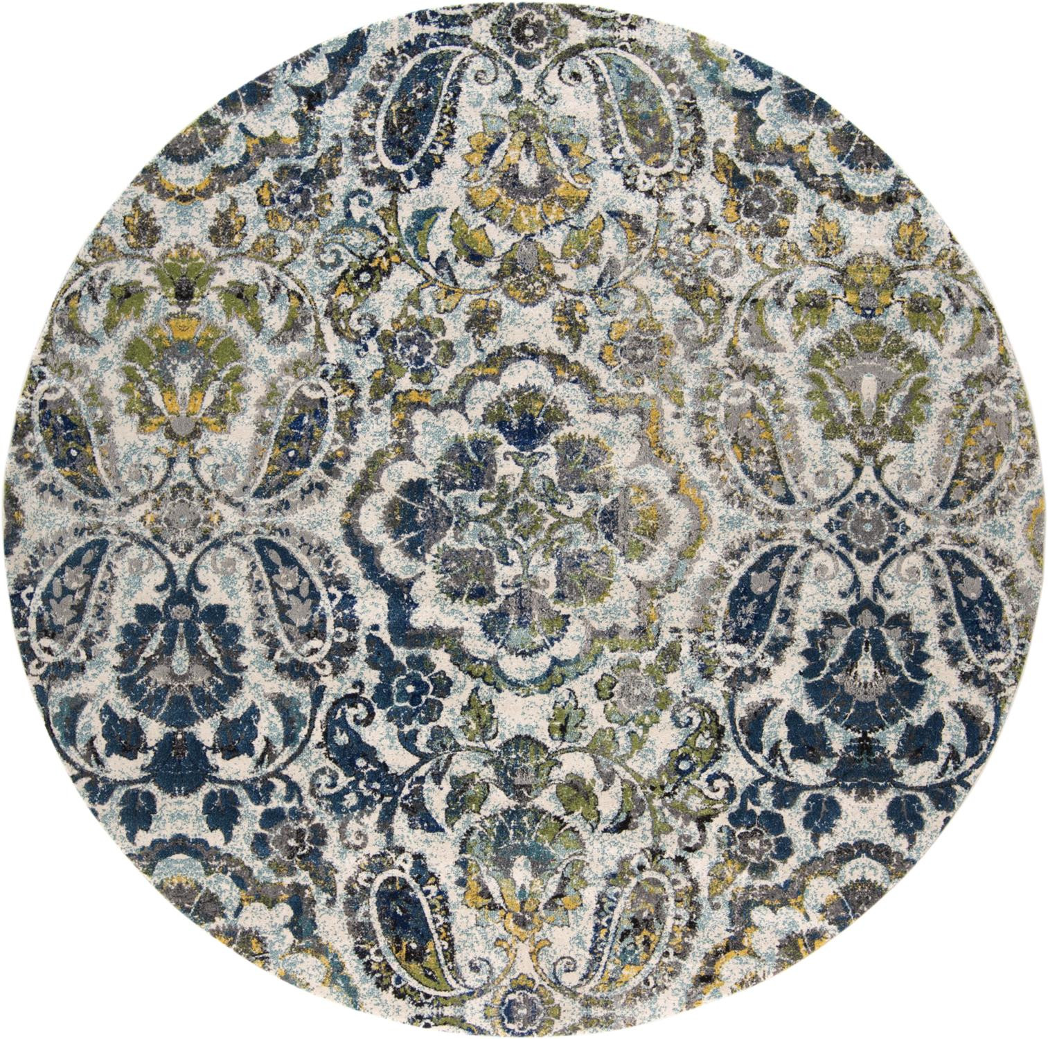 8' Ivory Blue And Green Round Floral Stain Resistant Area Rug-511150-1