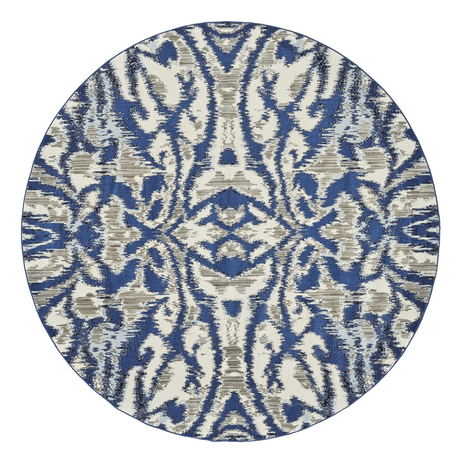 '9' Blue Taupe And Ivory Round Ikat Distressed Stain Resistant Area Rug-511224-1