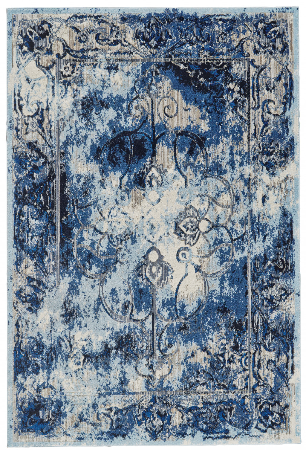 4' X 6' Blue Ivory And Gray Floral Distressed Stain Resistant Area Rug-511242-1