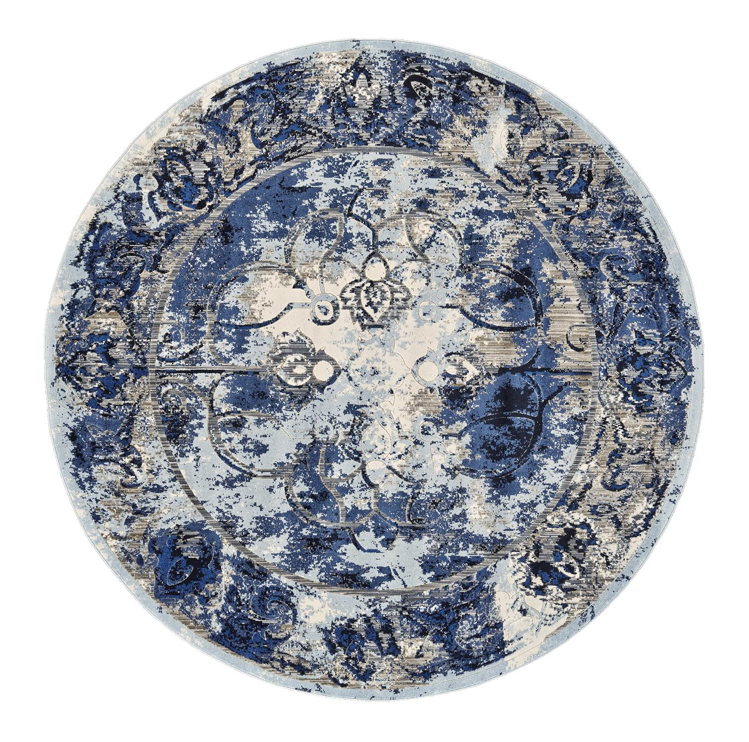 '9' Blue Ivory And Gray Round Floral Distressed Stain Resistant Area Rug-511248-1