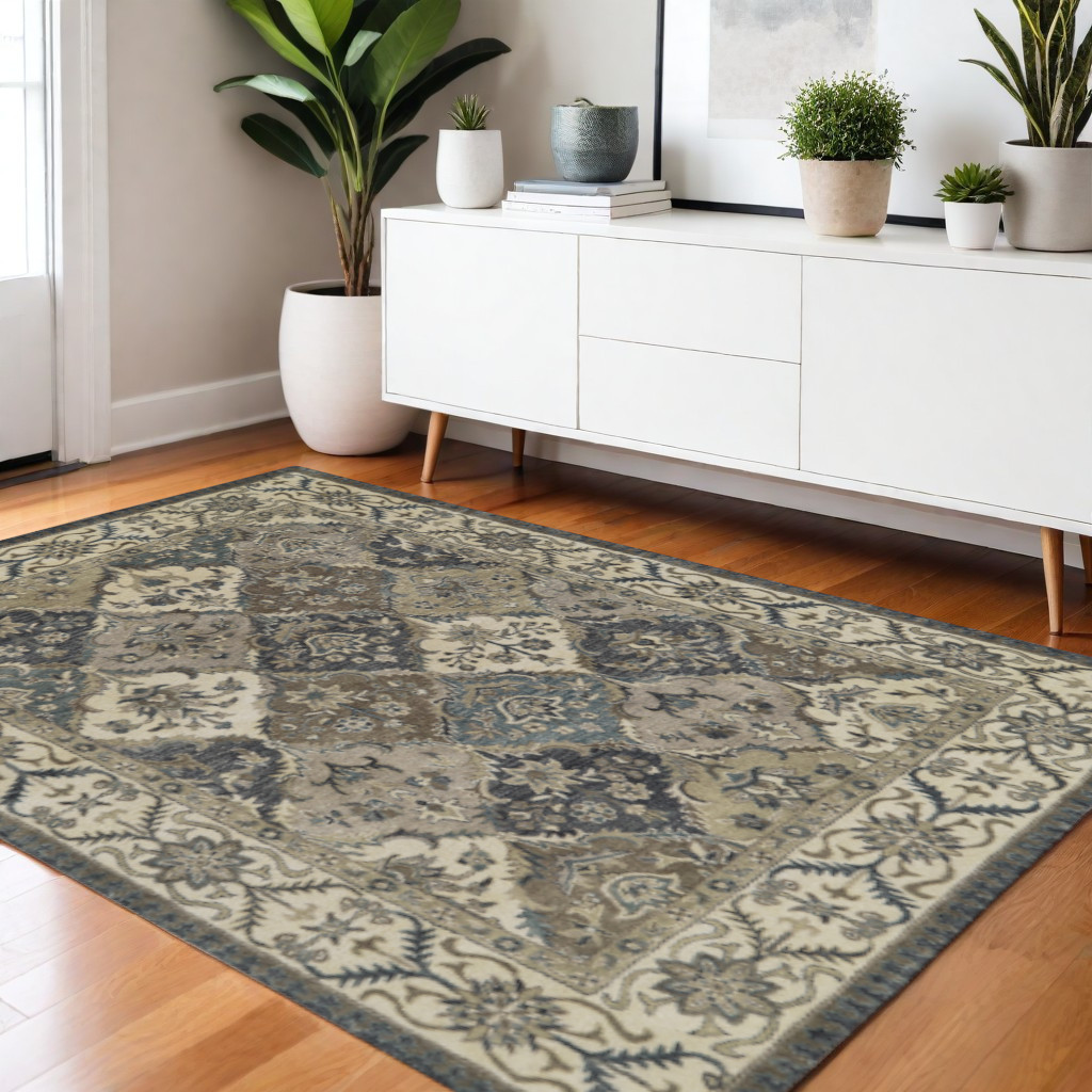 4' X 6' Blue Gray And Taupe Wool Paisley Tufted Handmade Stain Resistant Area Rug-511288-1