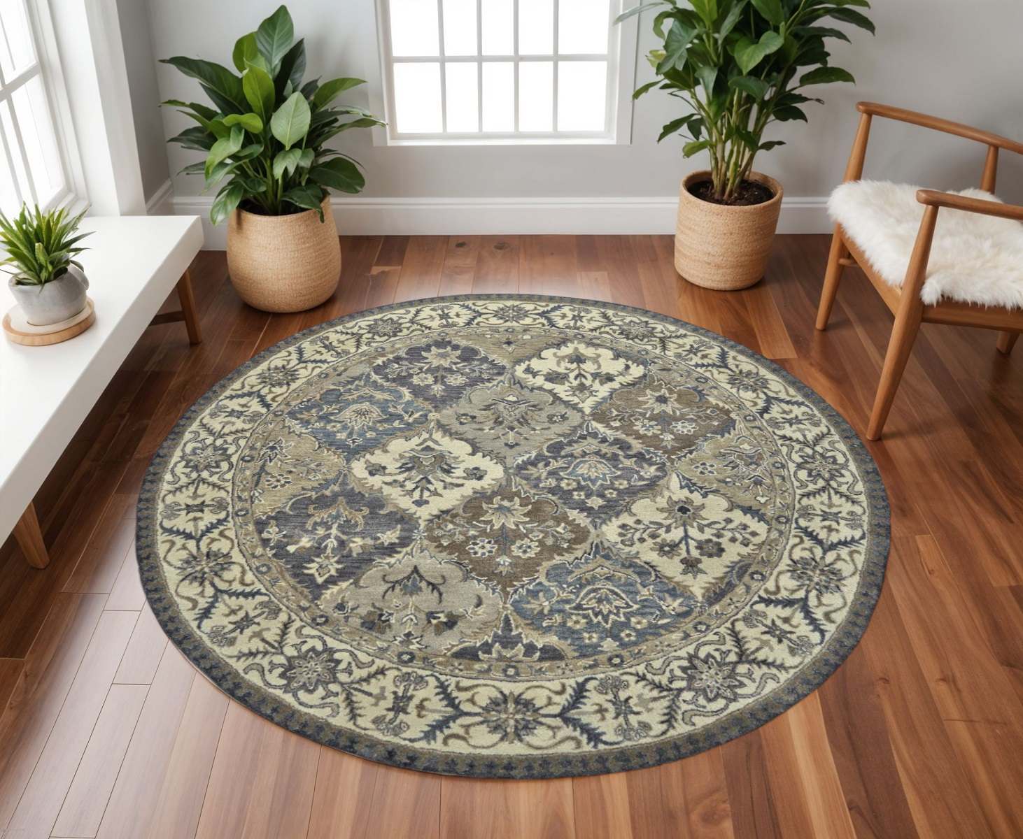 8' Blue Gray And Taupe Round Wool Paisley Tufted Handmade Stain Resistant Area Rug-511293-1