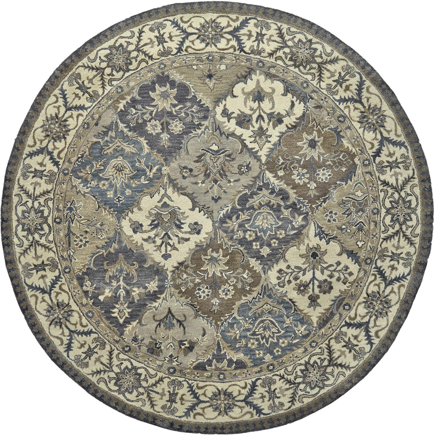 10' Blue Gray And Taupe Round Wool Paisley Tufted Handmade Stain Resistant Area Rug-511294-1