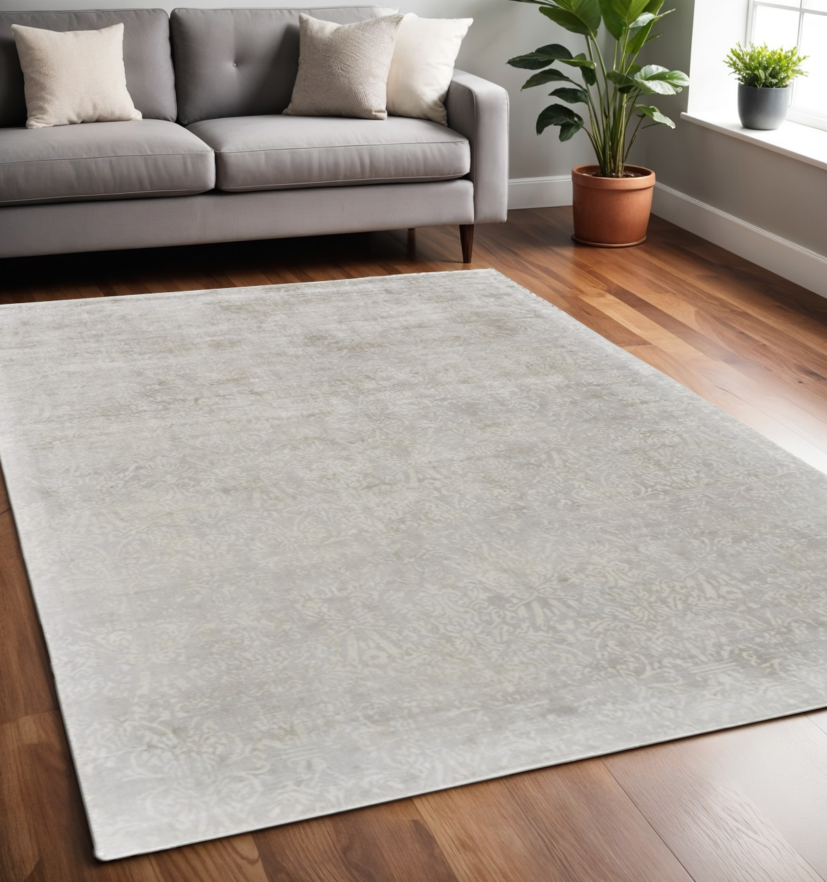 5" X 8" Gray and Ivory Abstract Hand Woven Area Rug