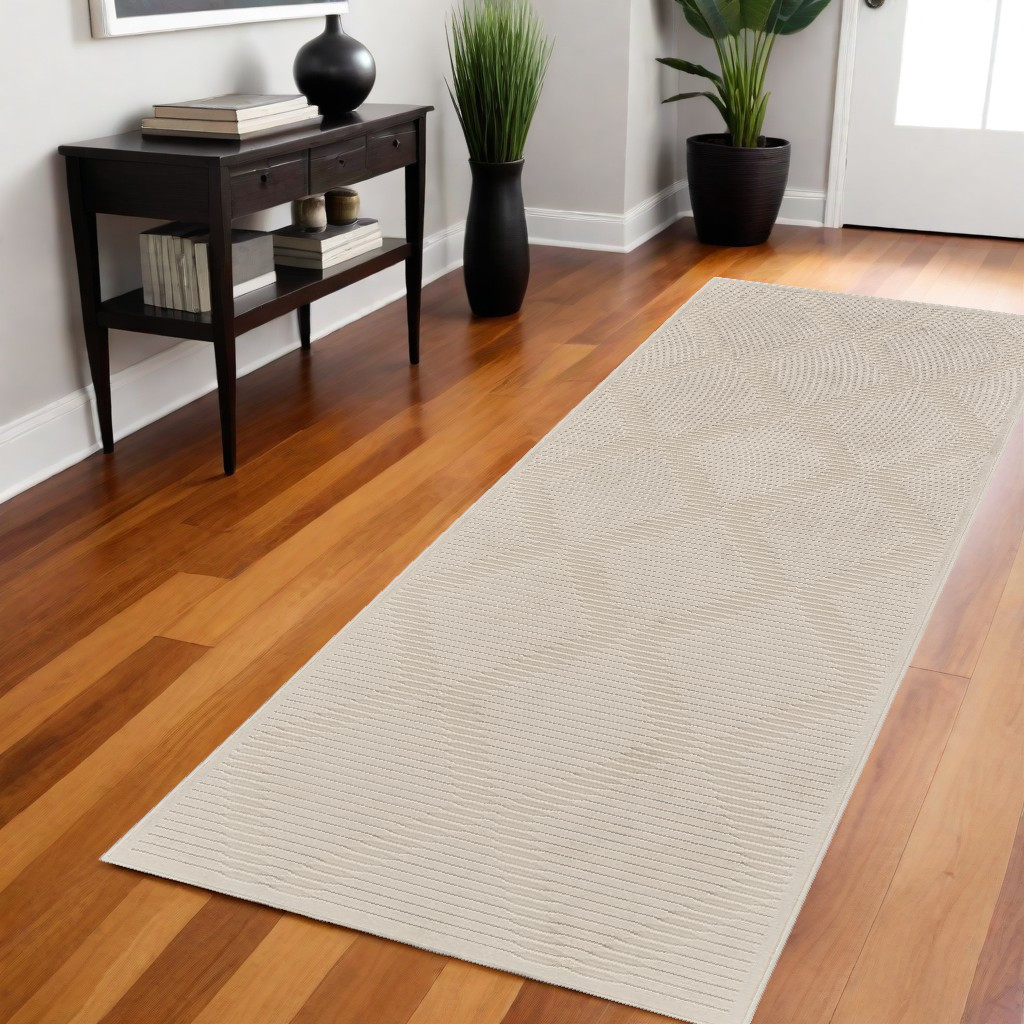 8" Ivory and Tan Geometric Power Loom Runner Rug