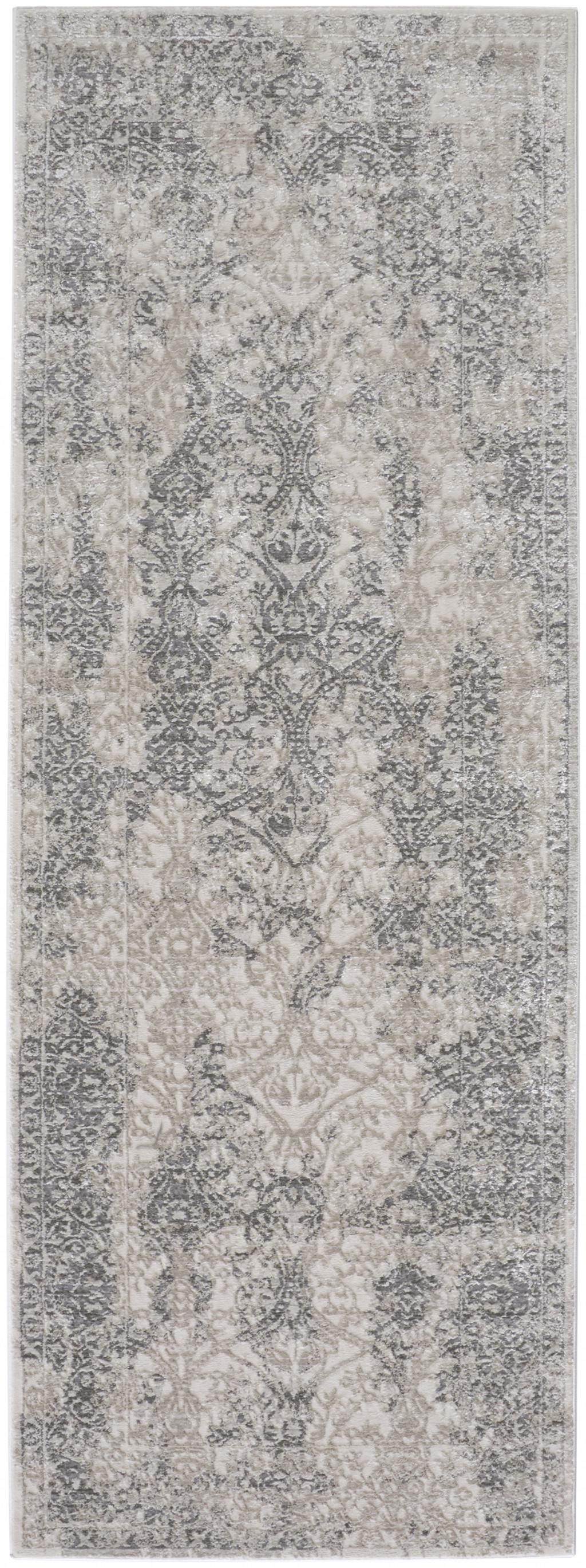 8" Ivory Gray And Black Abstract Stain Resistant Runner Rug
