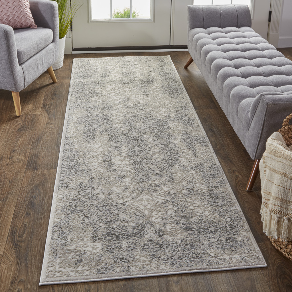 8" Ivory Gray And Black Abstract Stain Resistant Runner Rug