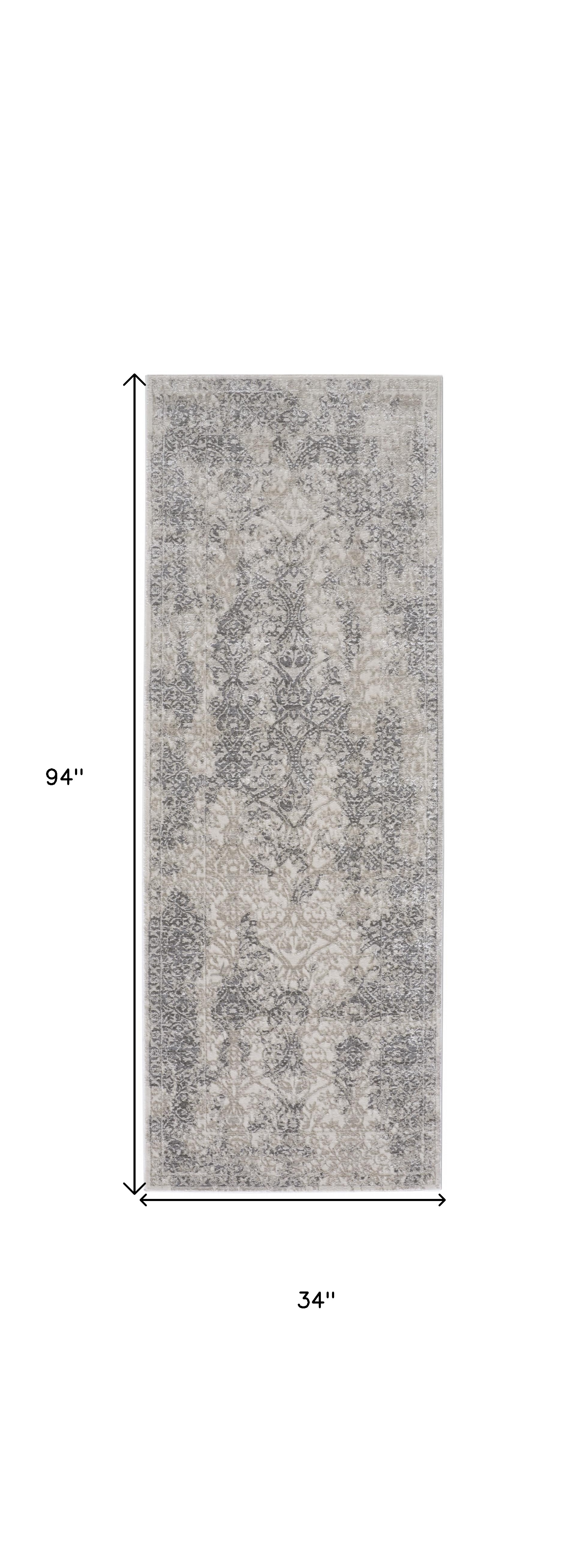 8" Ivory Gray And Black Abstract Stain Resistant Runner Rug
