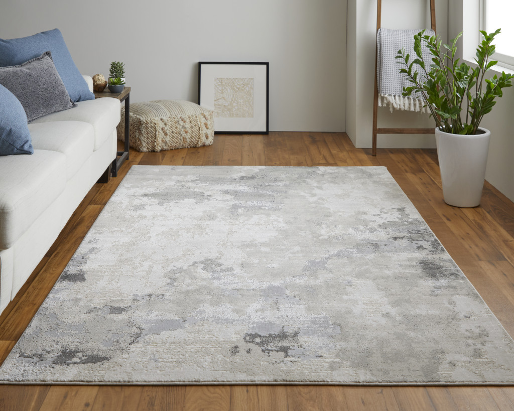 8" X 11" Ivory And Gray Abstract Stain Resistant Area Rug