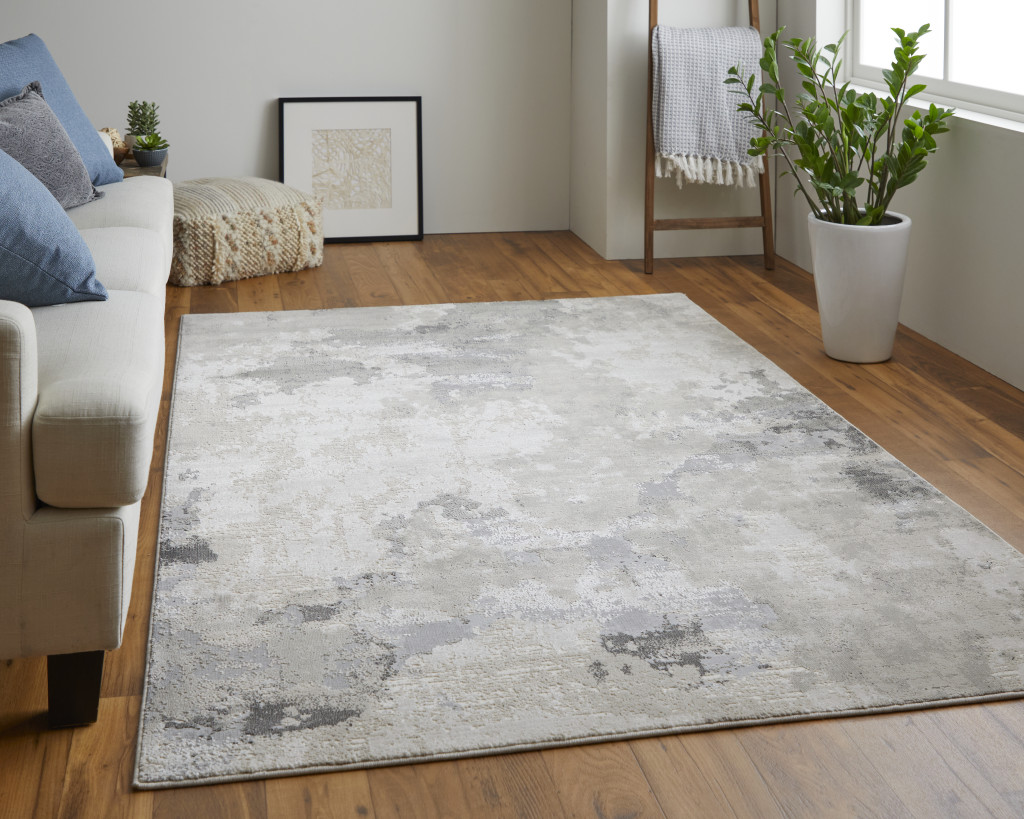 8" X 11" Ivory And Gray Abstract Stain Resistant Area Rug
