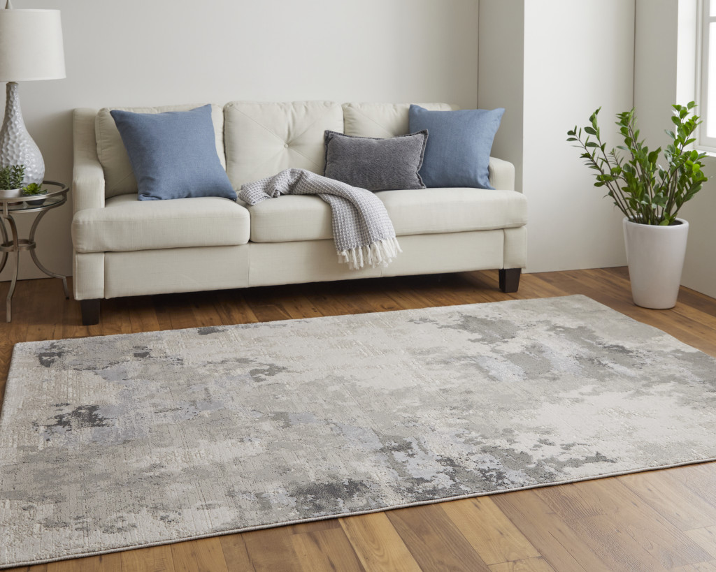 8" X 11" Ivory And Gray Abstract Stain Resistant Area Rug