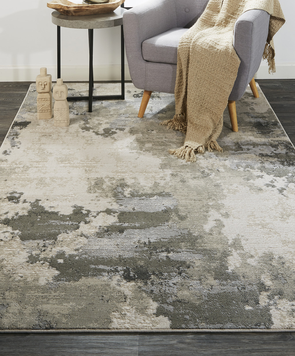 8" X 11" Ivory And Gray Abstract Stain Resistant Area Rug