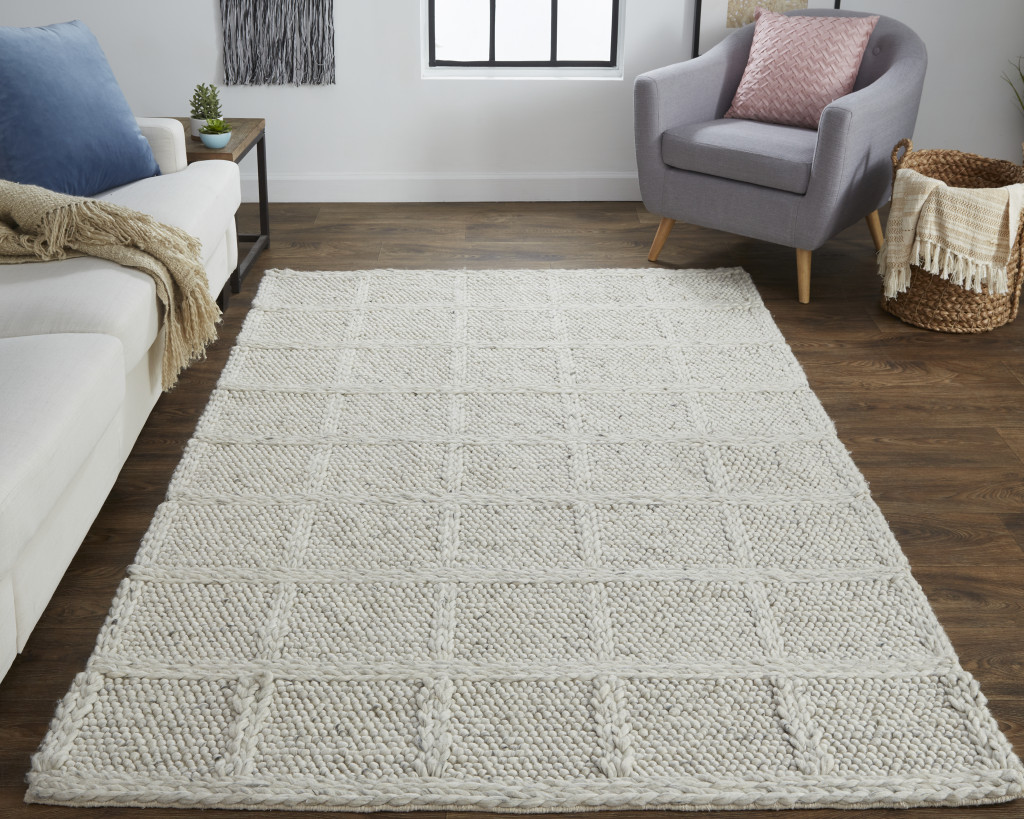 4" X 6" Gray and Ivory Wool Plaid Hand Woven Area Rug