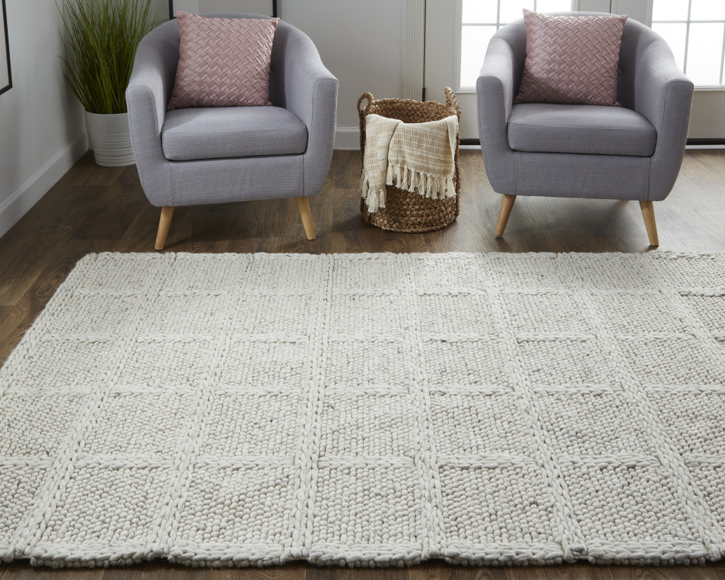 4" X 6" Gray and Ivory Wool Plaid Hand Woven Area Rug