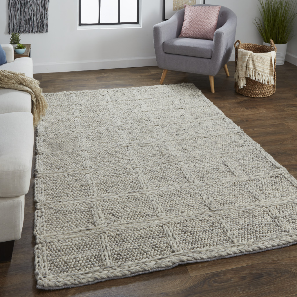 5" X 8" Gray and Ivory Wool Plaid Hand Woven Area Rug