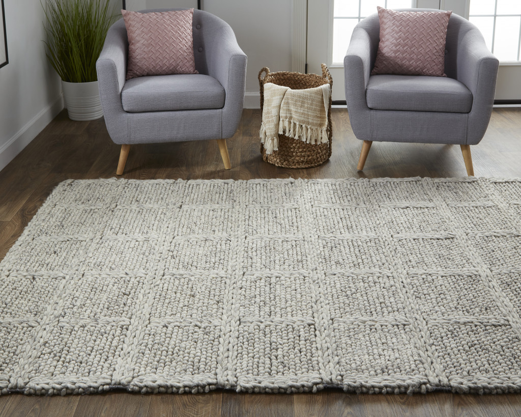 5" X 8" Gray and Ivory Wool Plaid Hand Woven Area Rug