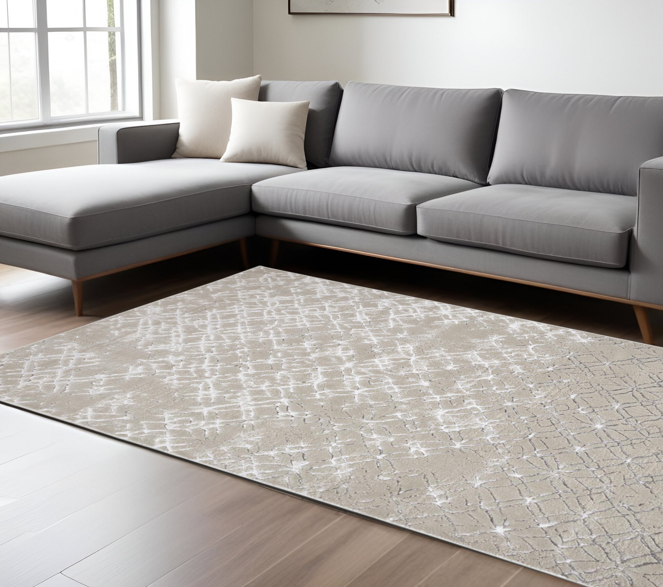 7" X 10" Silver and Gray Abstract Non Skid Area Rug