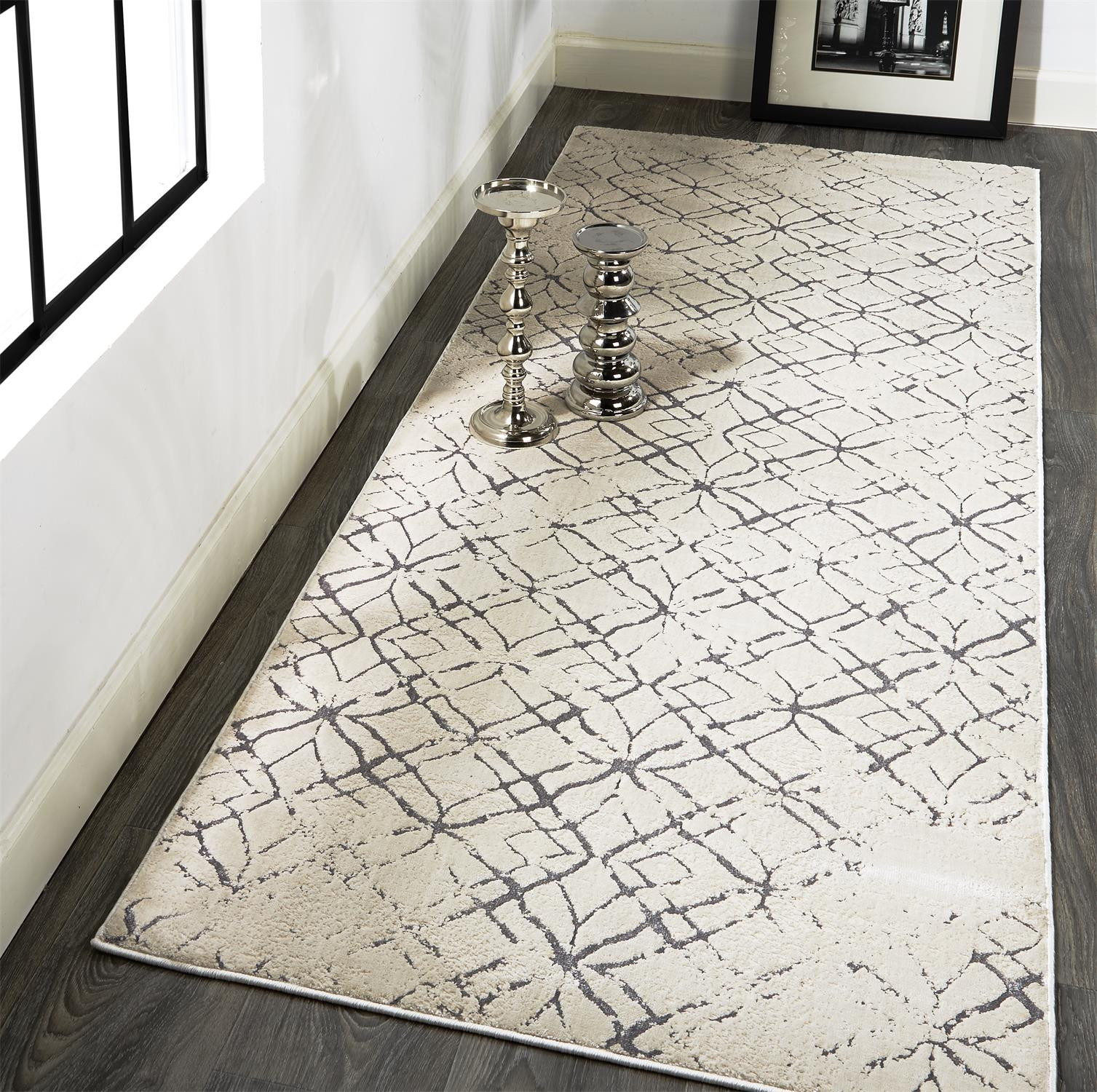 8 Silver gray And White Abstract Stain Resistant Runner Rug