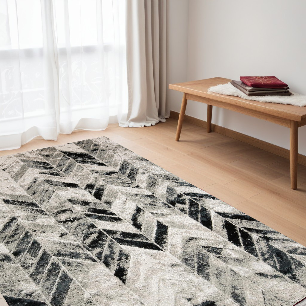 5" X 8" Black Gray And Silver Geometric Stain Resistant Area Rug