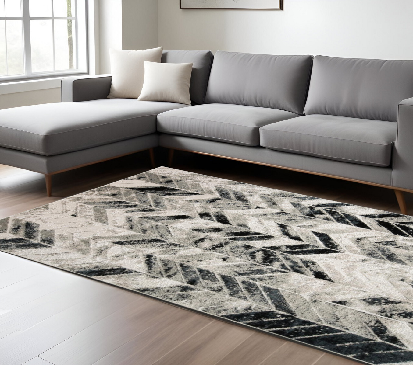 8" X 10" Gray and Black Geometric Non Skid Area Rug