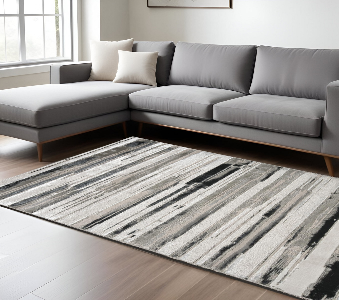 8" X 10" Black and Silver Abstract Non Skid Area Rug