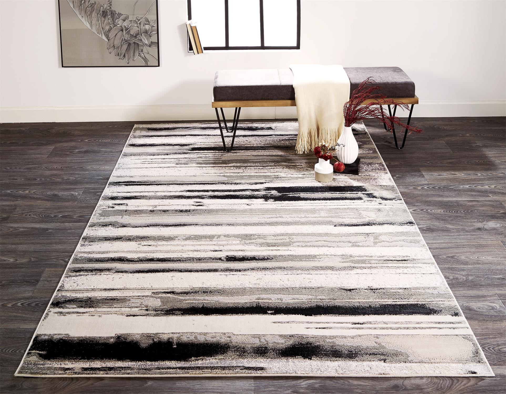 10" X 13" Silver Gray And Black Abstract Stain Resistant Area Rug
