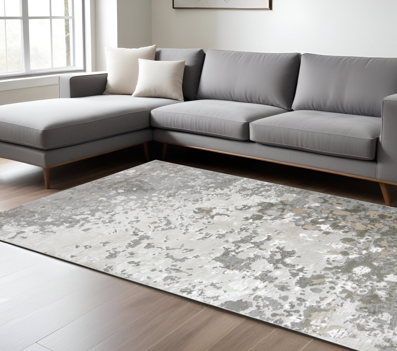 8" X 10" Silver and Gray Abstract Non Skid Area Rug