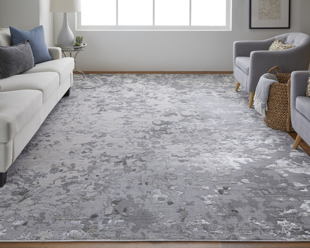 7" X 10" Silver Gray And White Abstract Stain Resistant Area Rug