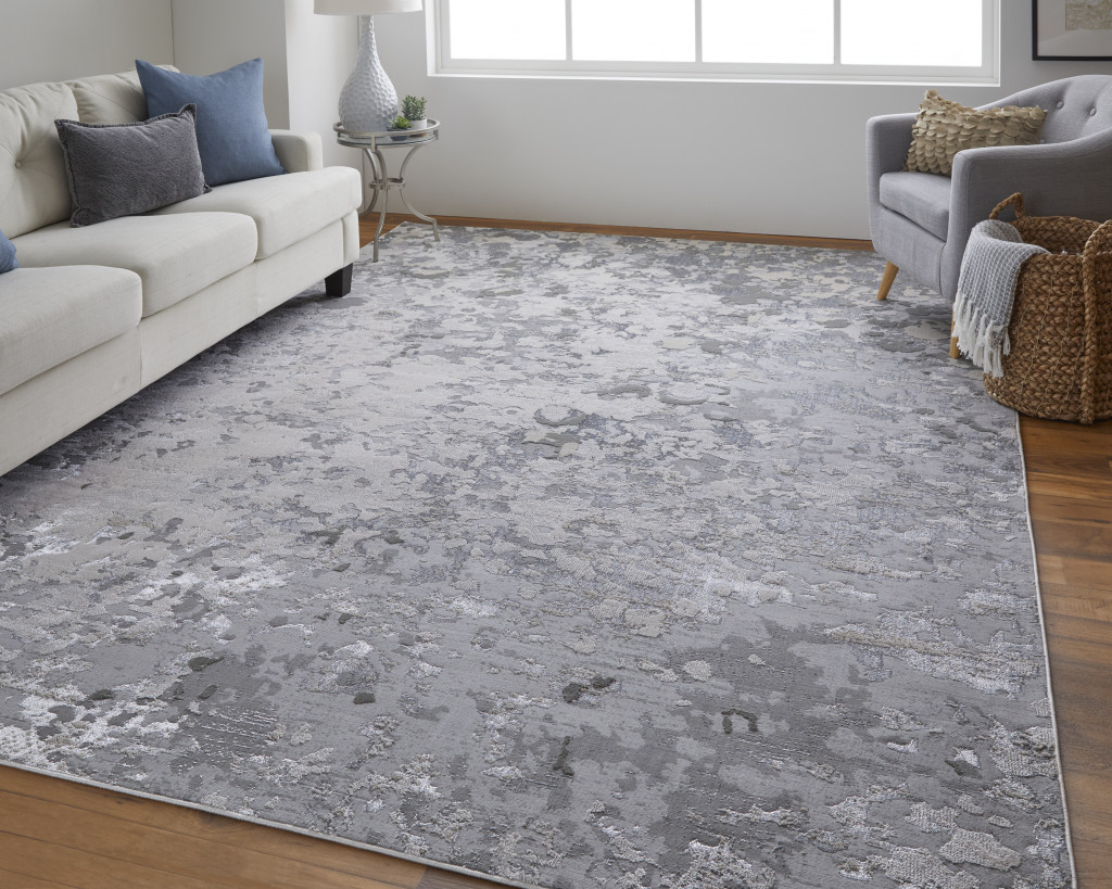 7" X 10" Silver Gray And White Abstract Stain Resistant Area Rug