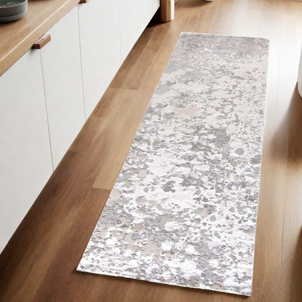 8" Gray and Silver Abstract Power Loom Runner Rug