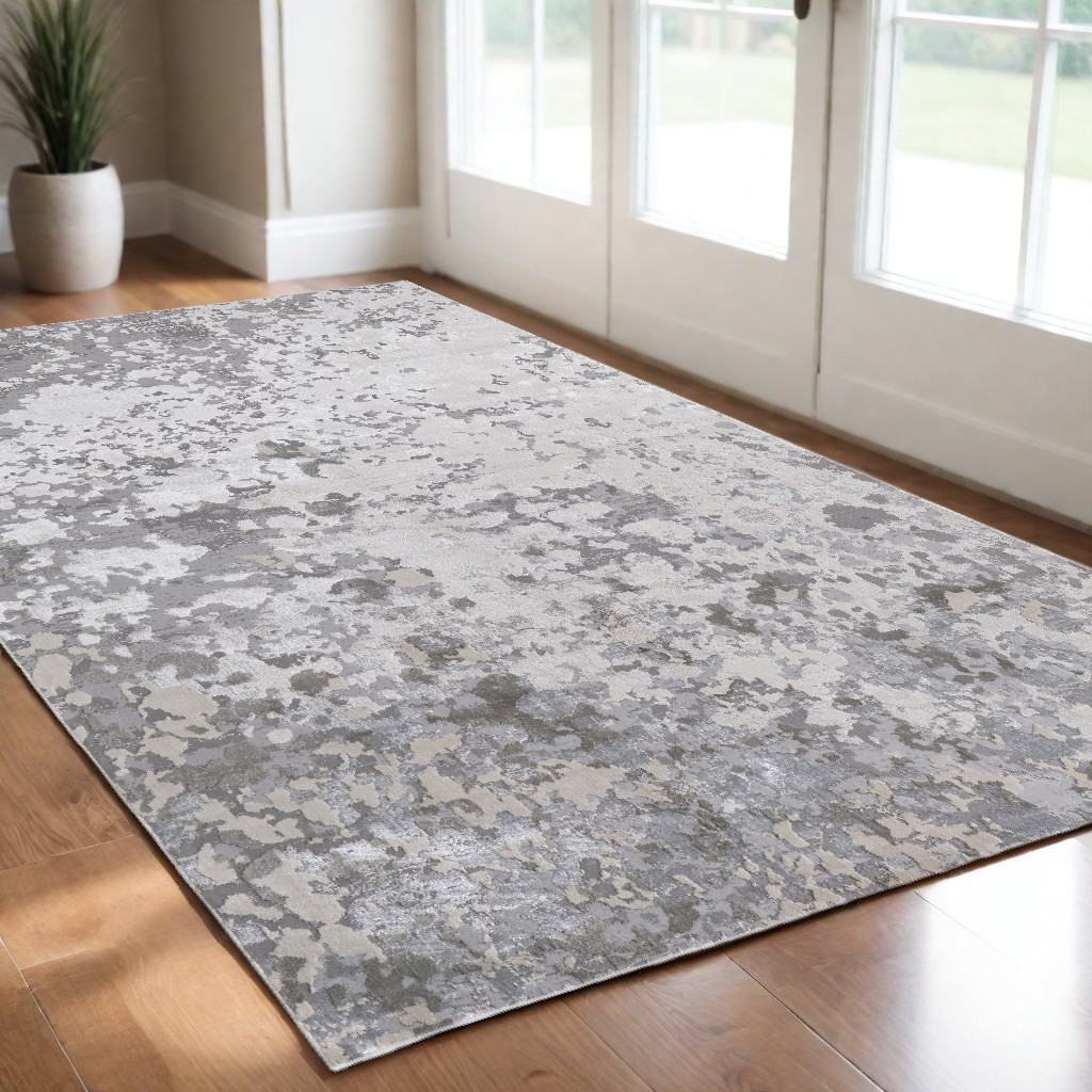 2" X 3" Silver Gray And White Abstract Stain Resistant Area Rug