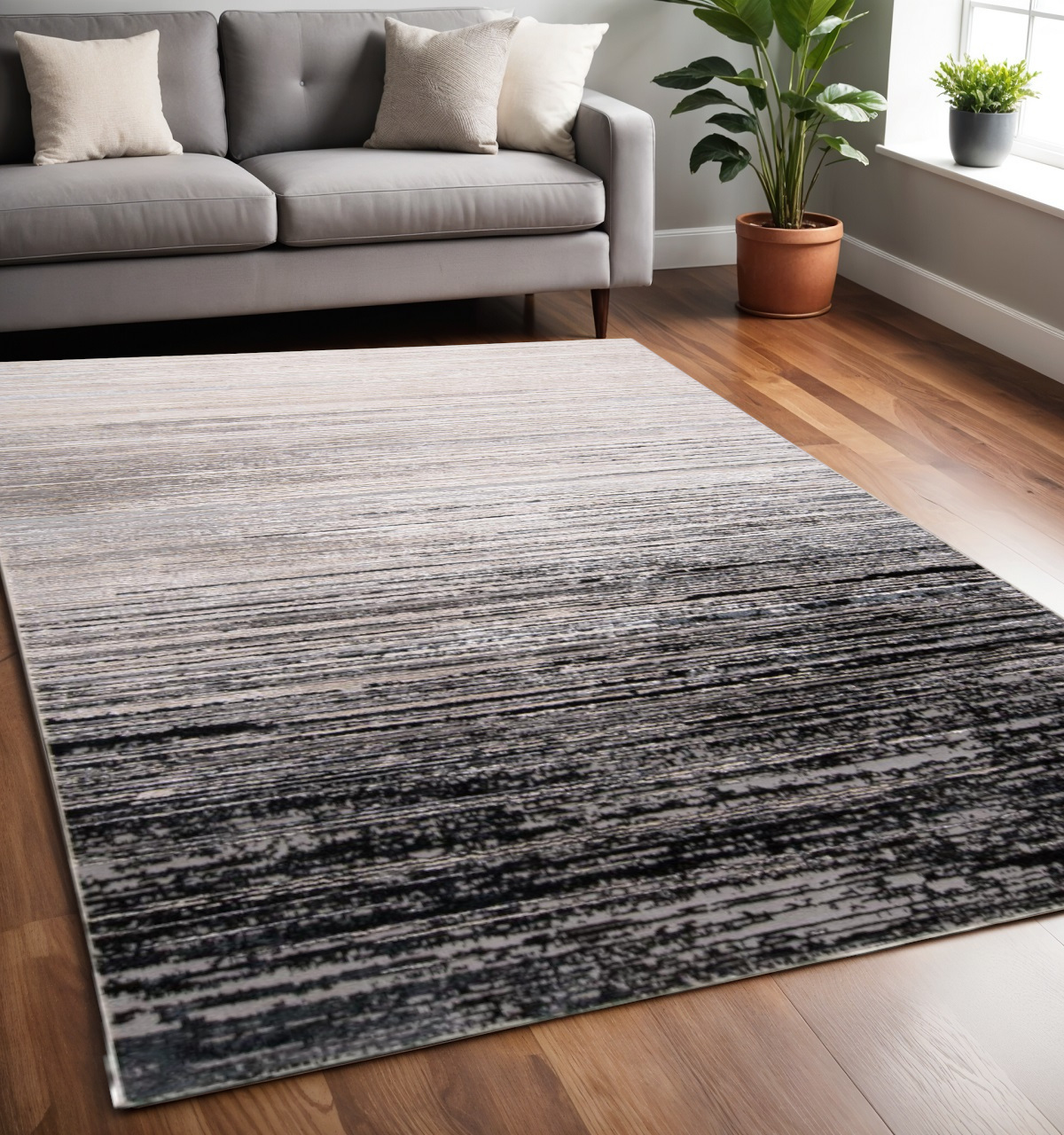 5" X 8" Beige and Black Abstract Non Skid Area Rug